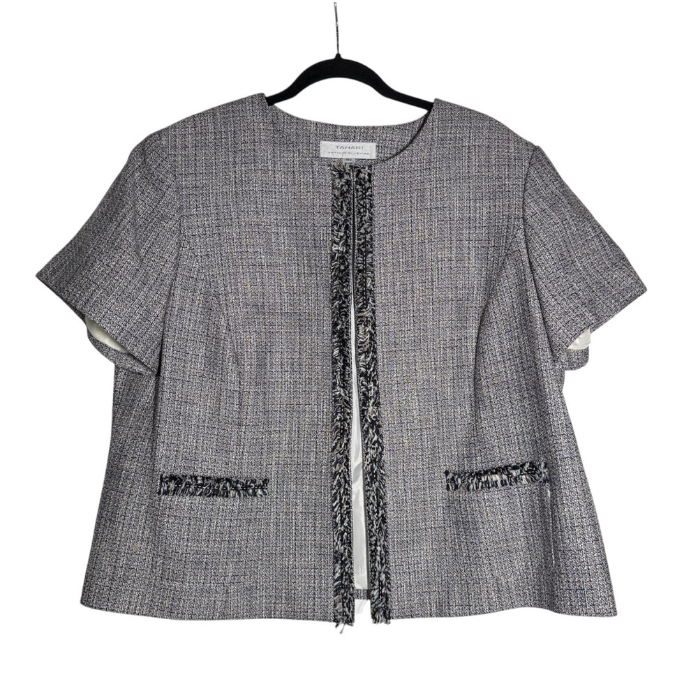 Tahari Arthur S Levine Short Sleeve Tweed Blazer Fringe Trim Size 18W Grey